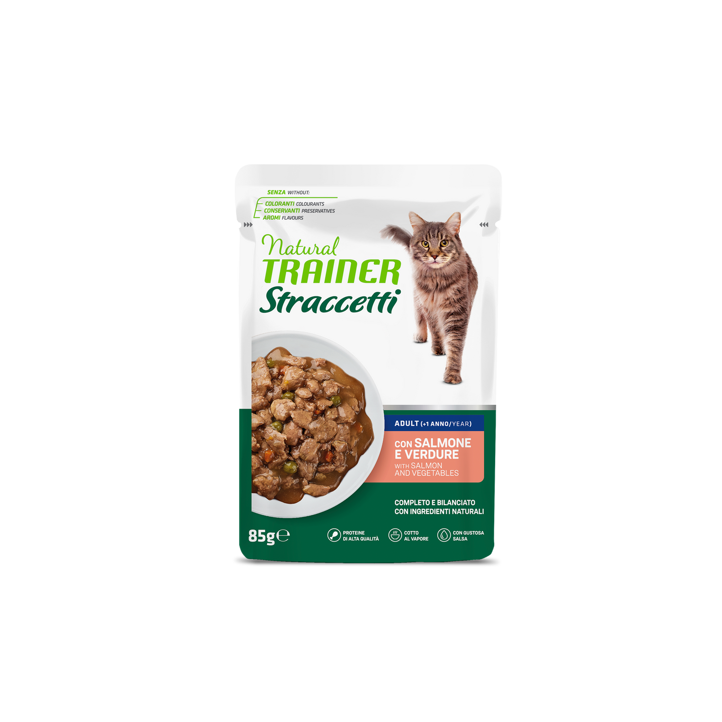 Trainer Natural Straccetti (+1 anno) gusto Salmone e Verdure(Kg/Size: 0,085)