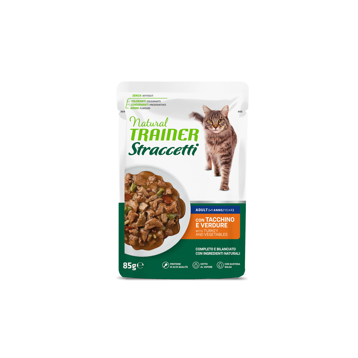 Trainer Natural Straccetti (+1 anno) gusto Tacchino e Verdure(Kg/Size: 0,085)