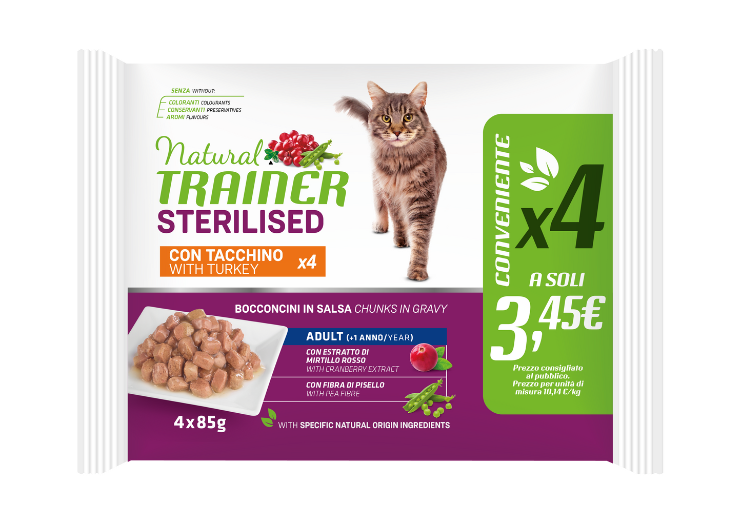 Trainer Natural Gatto Sterilizzato Tacchino Flowpack (Kg/Size:0,085) X4 FORMATO CONVENIENZA