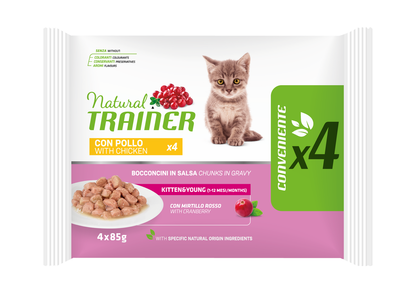 Trainer Natural Gatto Kitten Flowpack (Kg/Size:0,085) X4 FORMATO CONVENIENZA