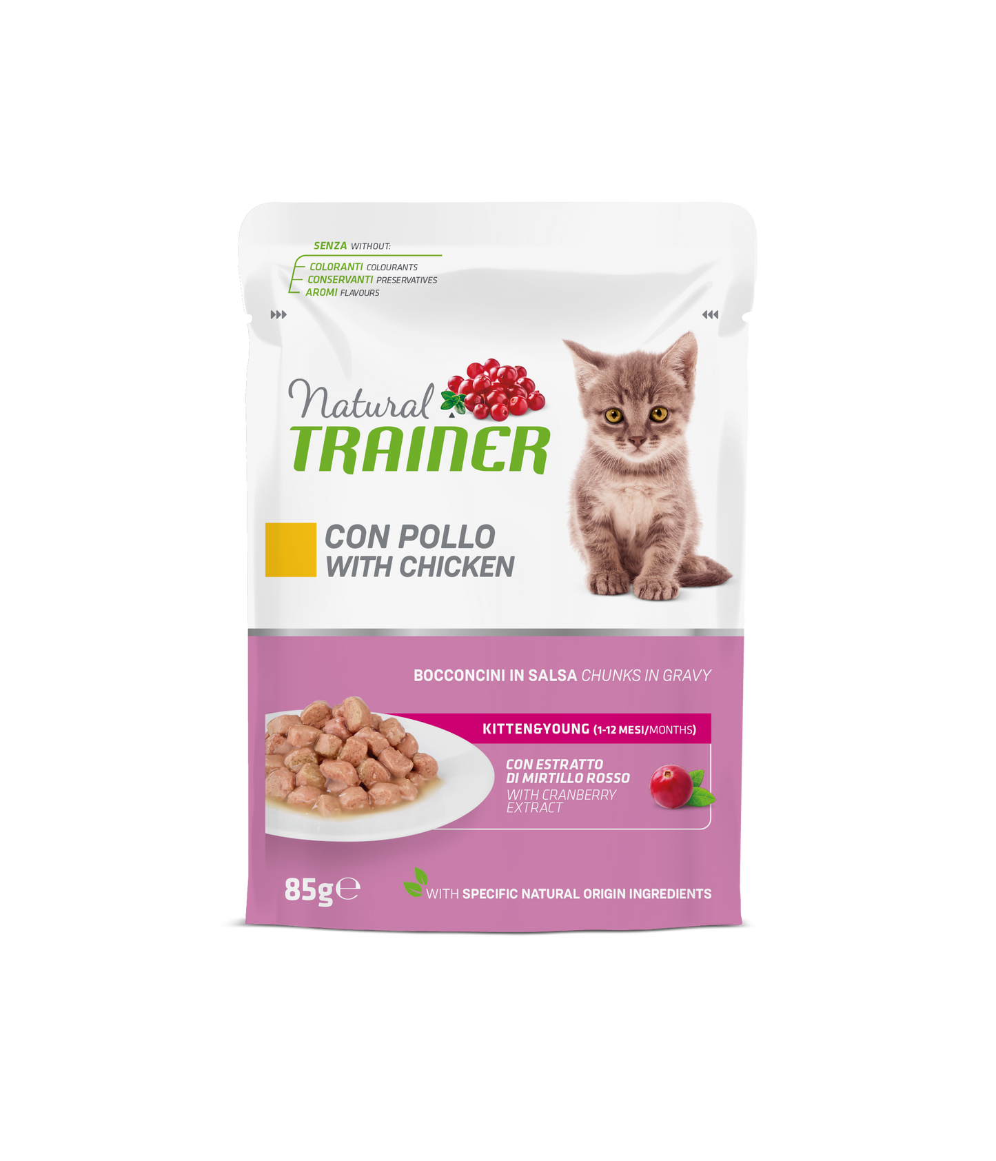 Natural Trainer Gatto Bocconcini in salsa Kitten & Young gusto Pollo (Kg/Size : 0,85) Formato convenienza 12 bustine