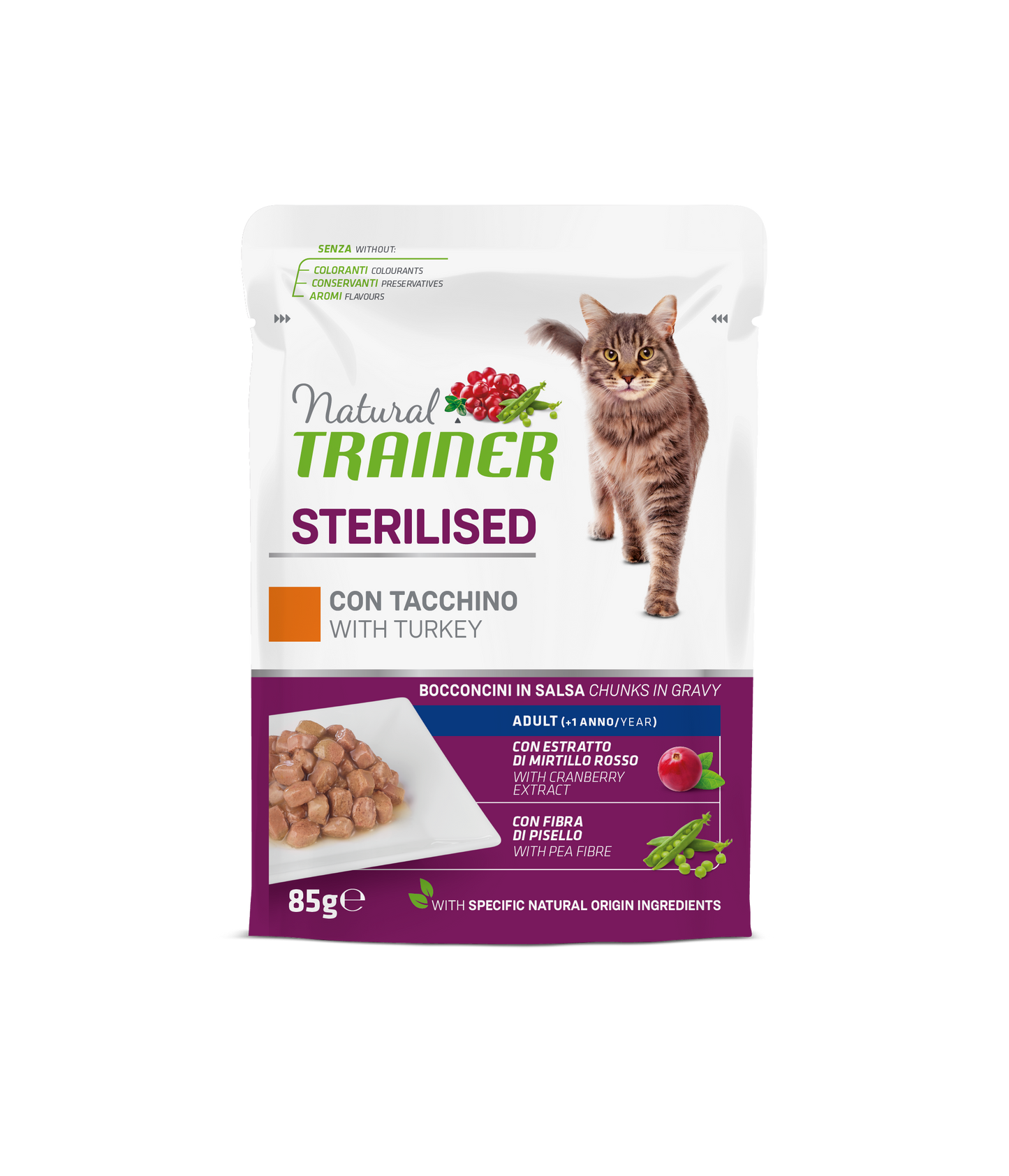 Natural Trainer Gatto Bocconcini in salsa Sterilised al Tacchino (Kg/Size : 0,85) Formato convenienza 12 bustine
