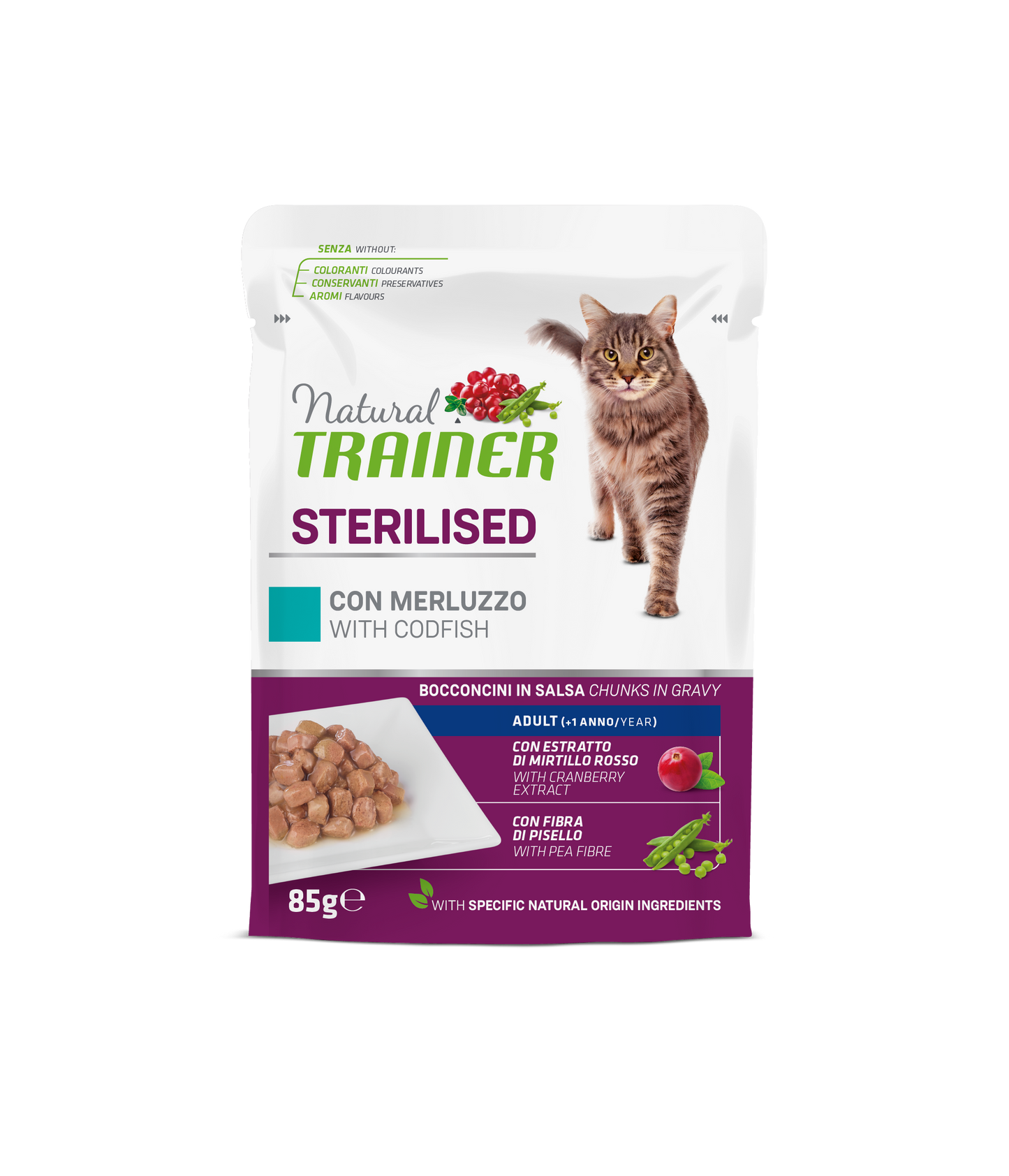 Natural Trainer Gatto Bocconcini in salsa Sterilised al Merluzzo (Kg/Size : 0,85) Formato convenienza 12 bustine