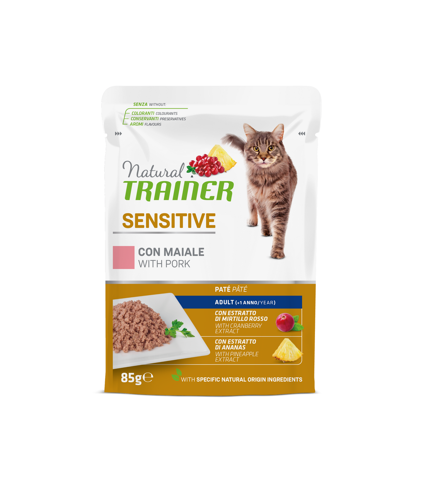 Natural Trainer Gatto Bocconcini in salsa Sensitive gusto Maiale Busta (kg./size : 0,85). Formato convenienza 12 bustine