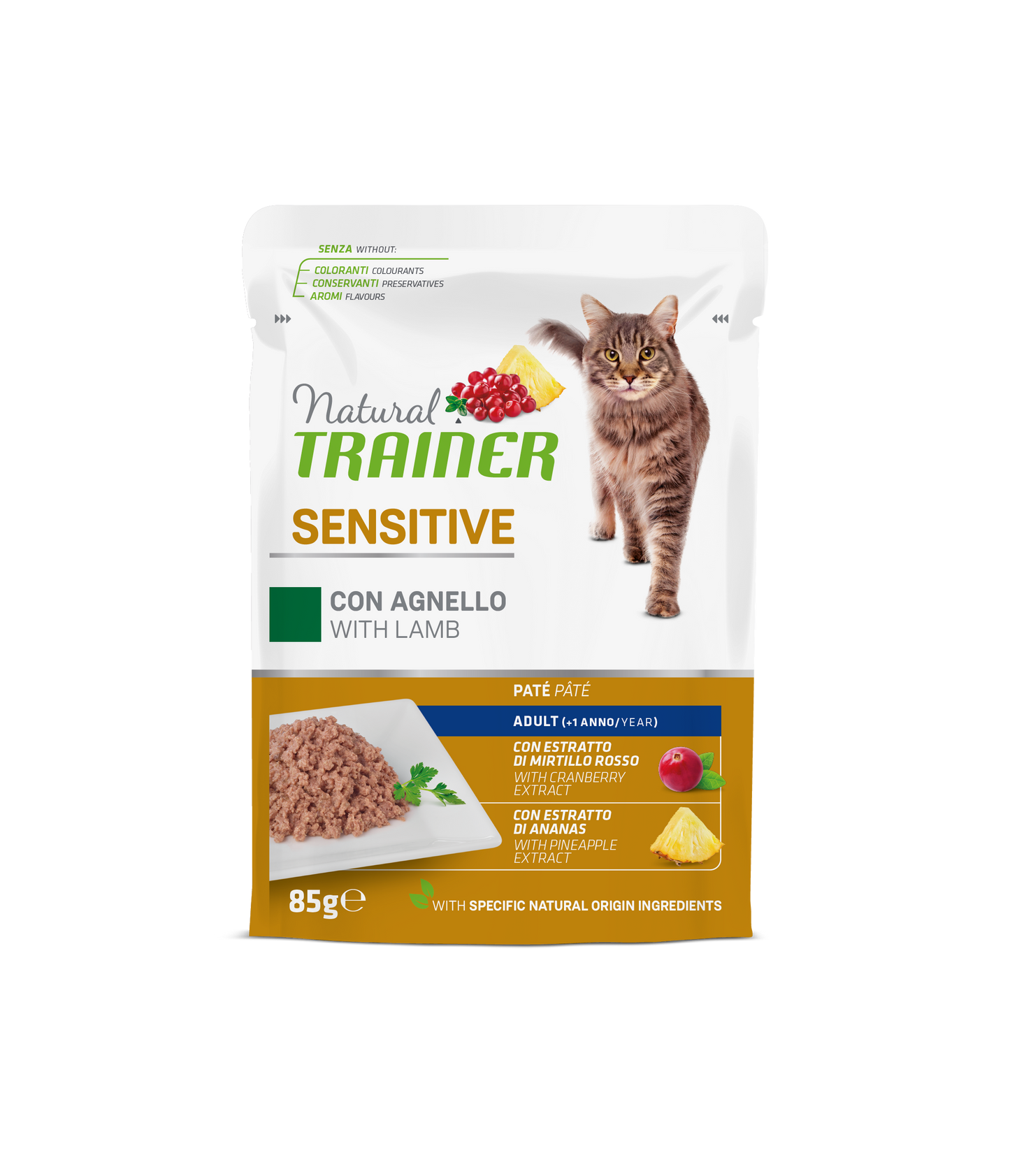 Natural Trainer Gatto Bocconcini in salsa Sensitive gusto Agnello Busta (kg./size : 0,85). Formato convenienza 12 bustine