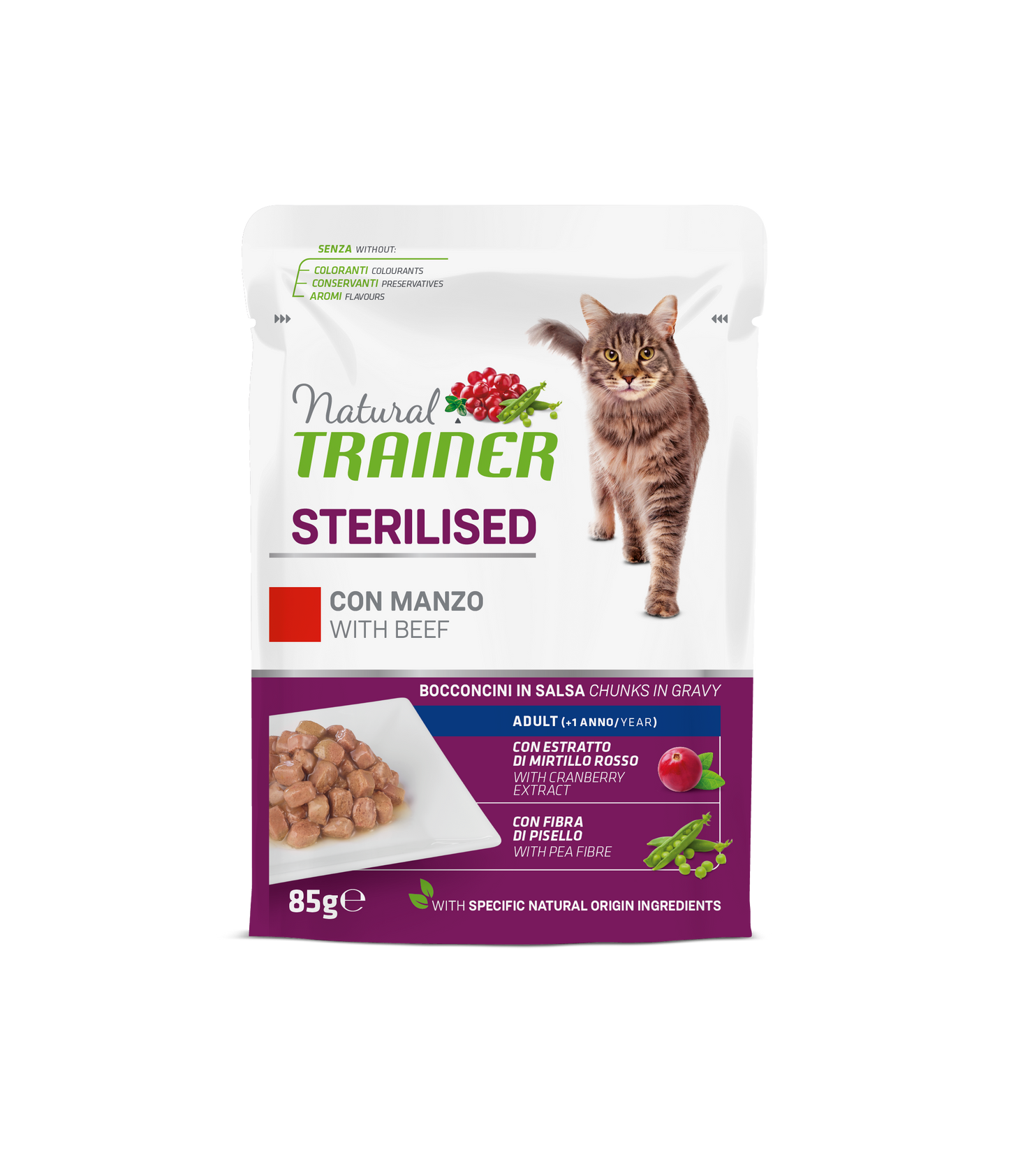 Natural Trainer Gatto Bocconcini in salsa Sterilised al Manzo (Kg/Size : 0,85) Formato convenienza 12 bustine