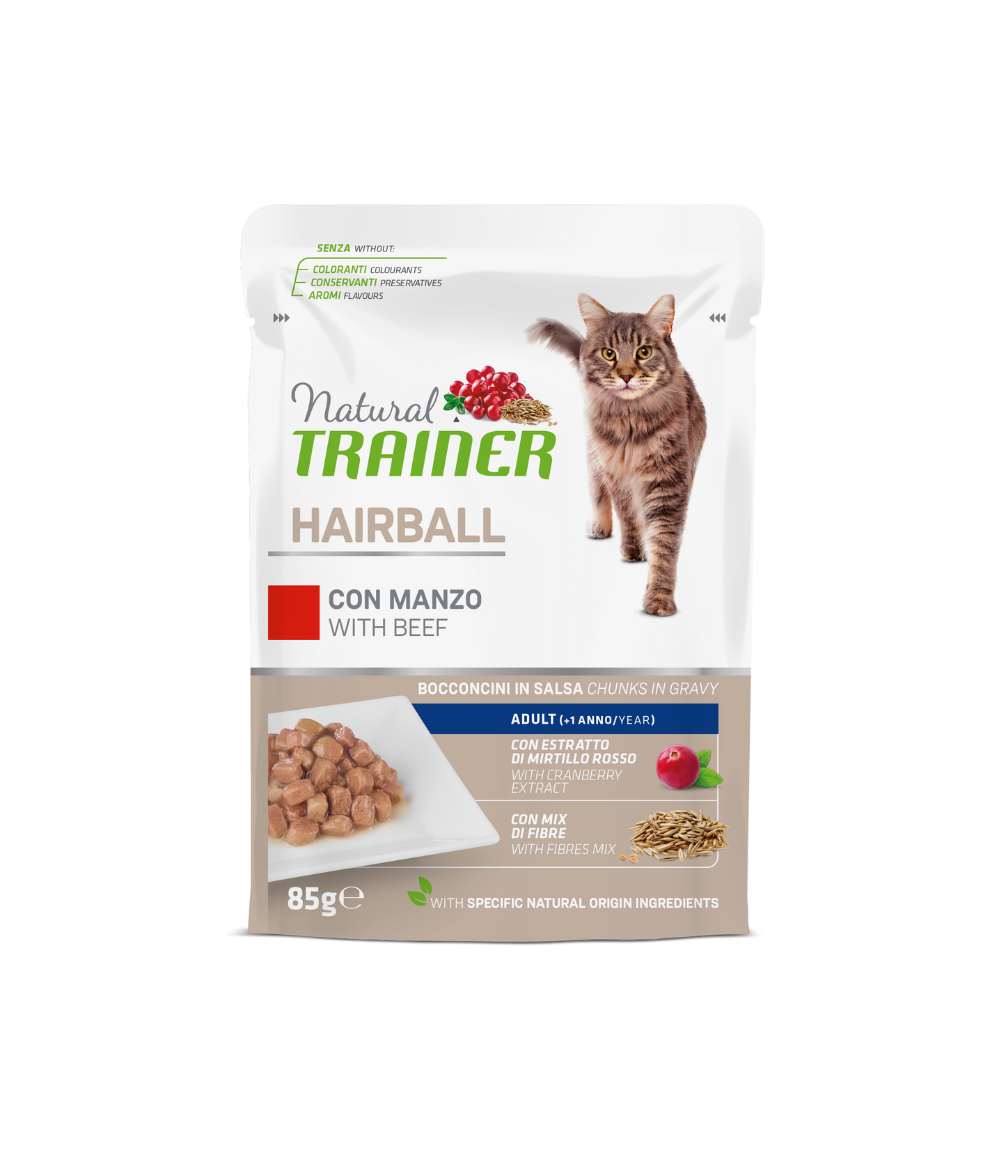 Natural Trainer Gatto Bocconcini in salsa Hairball gusto Manzo (Kg/Size : 0,85) Formato convenienza 12 bustine