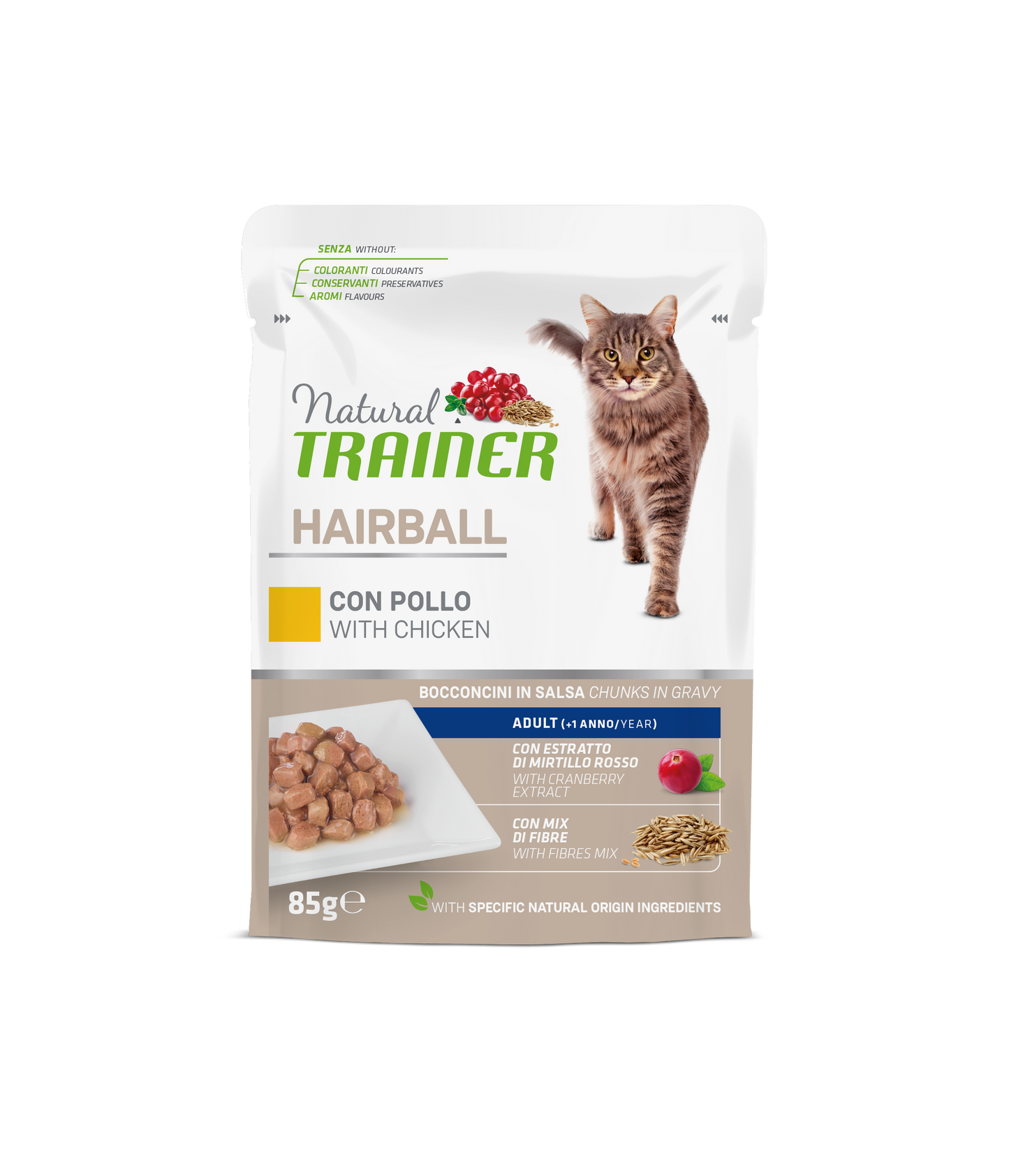 Natural Trainer Gatto Bocconcini in salsa Hairball gusto Pollo Busta (kg./size : 0,85). Formato convenienza 12 bustine