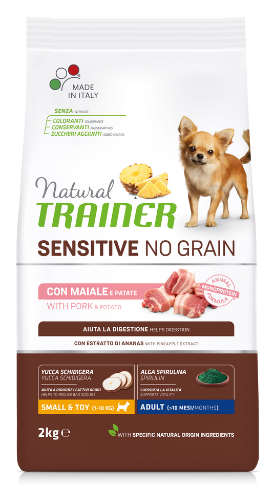 Natural Trainer Dog Sensitive NO Grain Adult Small Mini Maiale E Patate (Kg/Size:2)