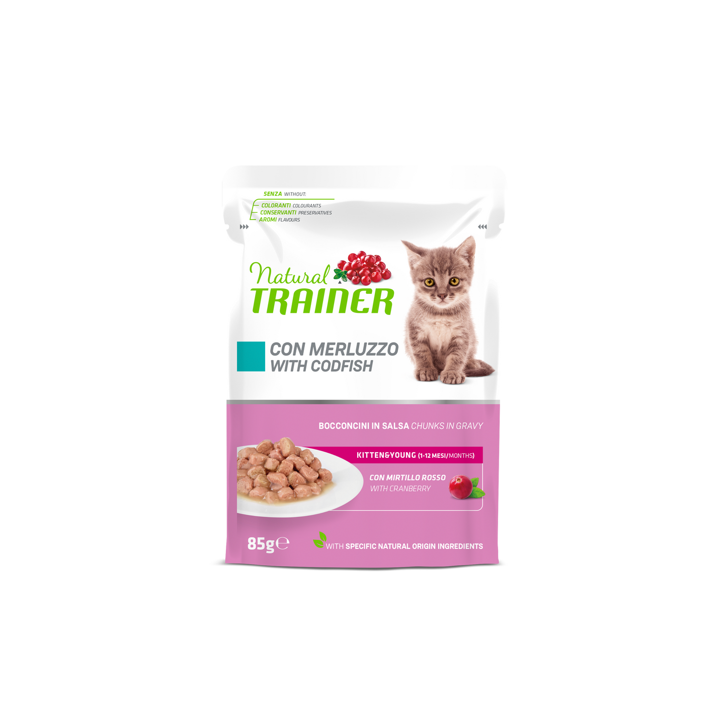 Natural Trainer Gatto Bocconcini in salsa Kitten & Young gusto Merluzzo (Kg/Size : 0,85) Formato convenienza 12 bustine