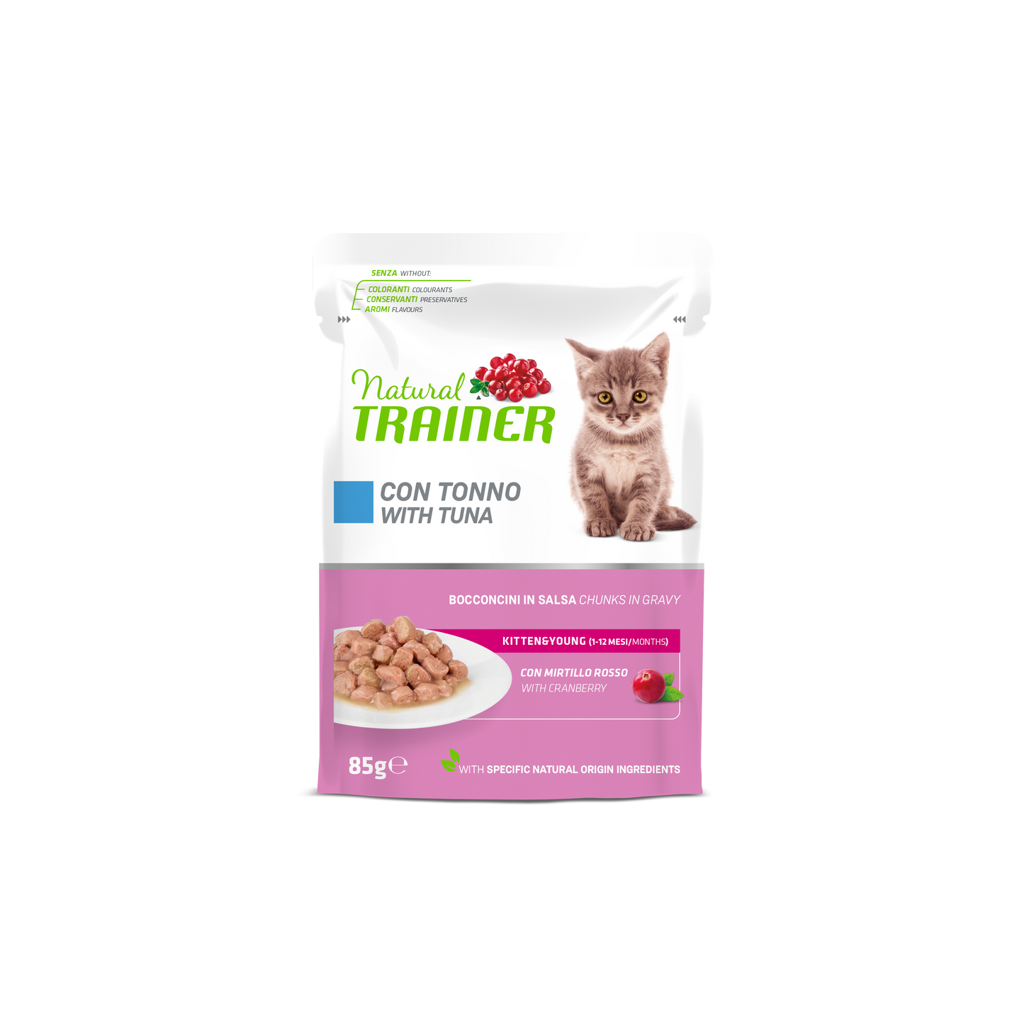 Natural Trainer Gatto Bocconcini in salsa Kitten & Young gusto Tonno (Kg/Size : 0,85) Formato convenienza 12 bustine