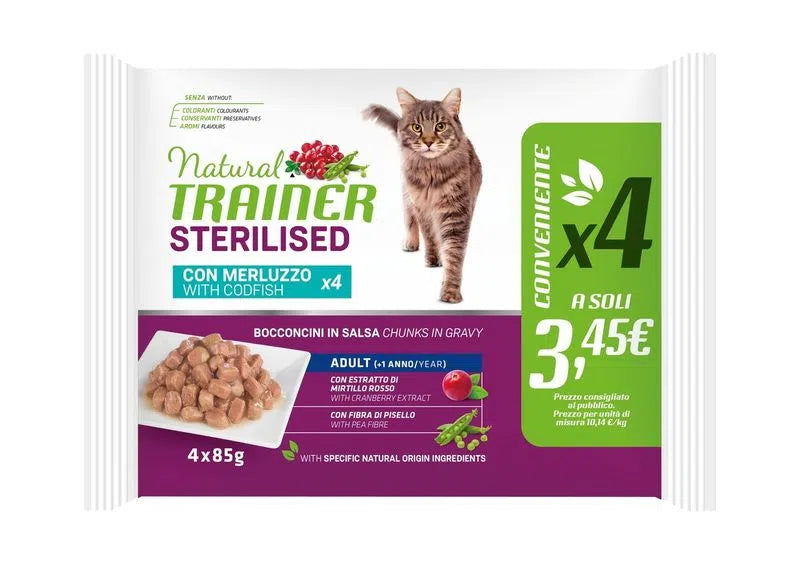 Trainer Natural Gatto Sterilized Merluzzo Flowpack (Kg/Size:0,085) X4 FORMATO CONVENIENZA