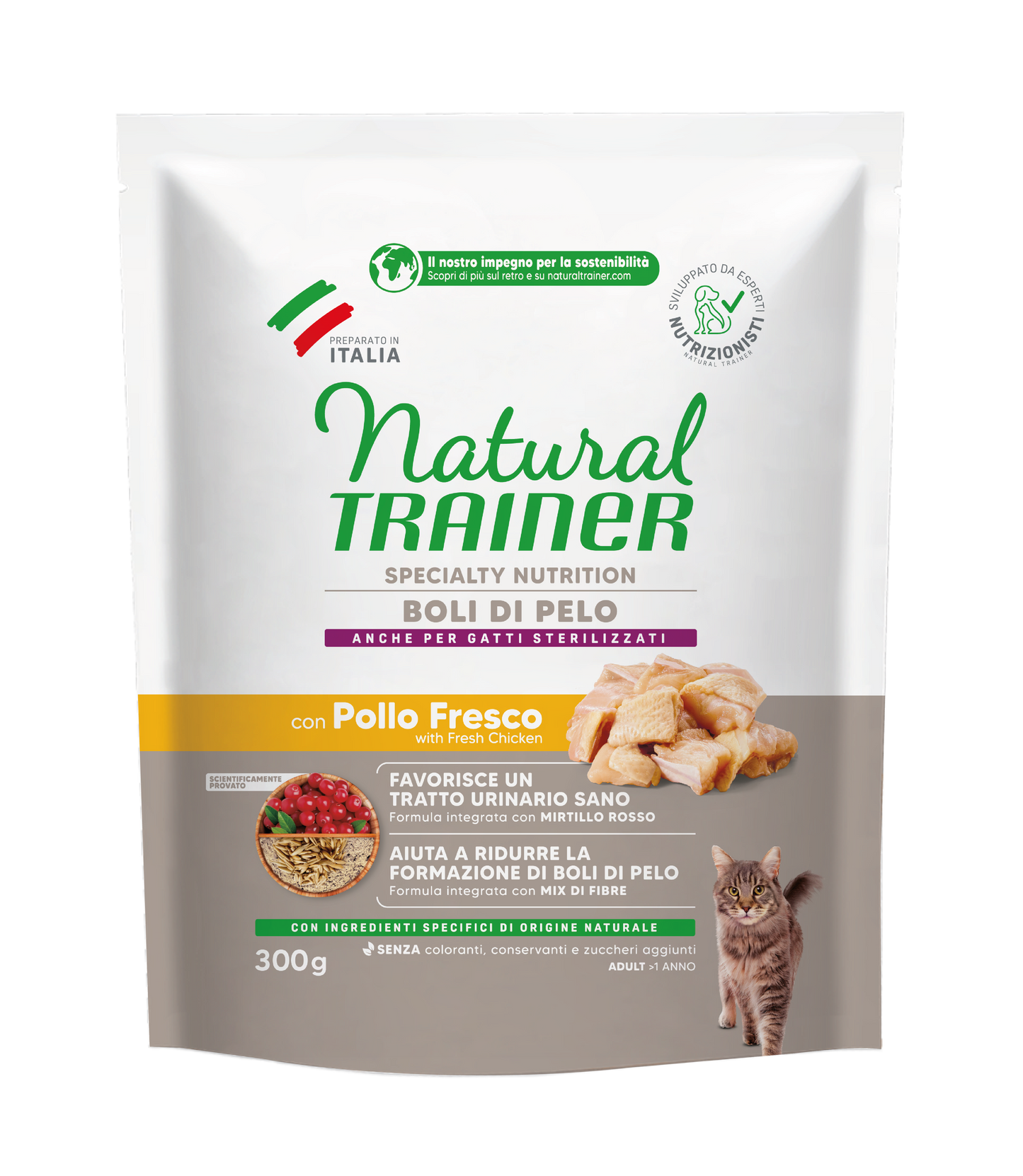 Trainer Natural Speciality Nutrition Boli di Pelo Con Pollo Fresco (+1)  (Kg/Size:0,3)
