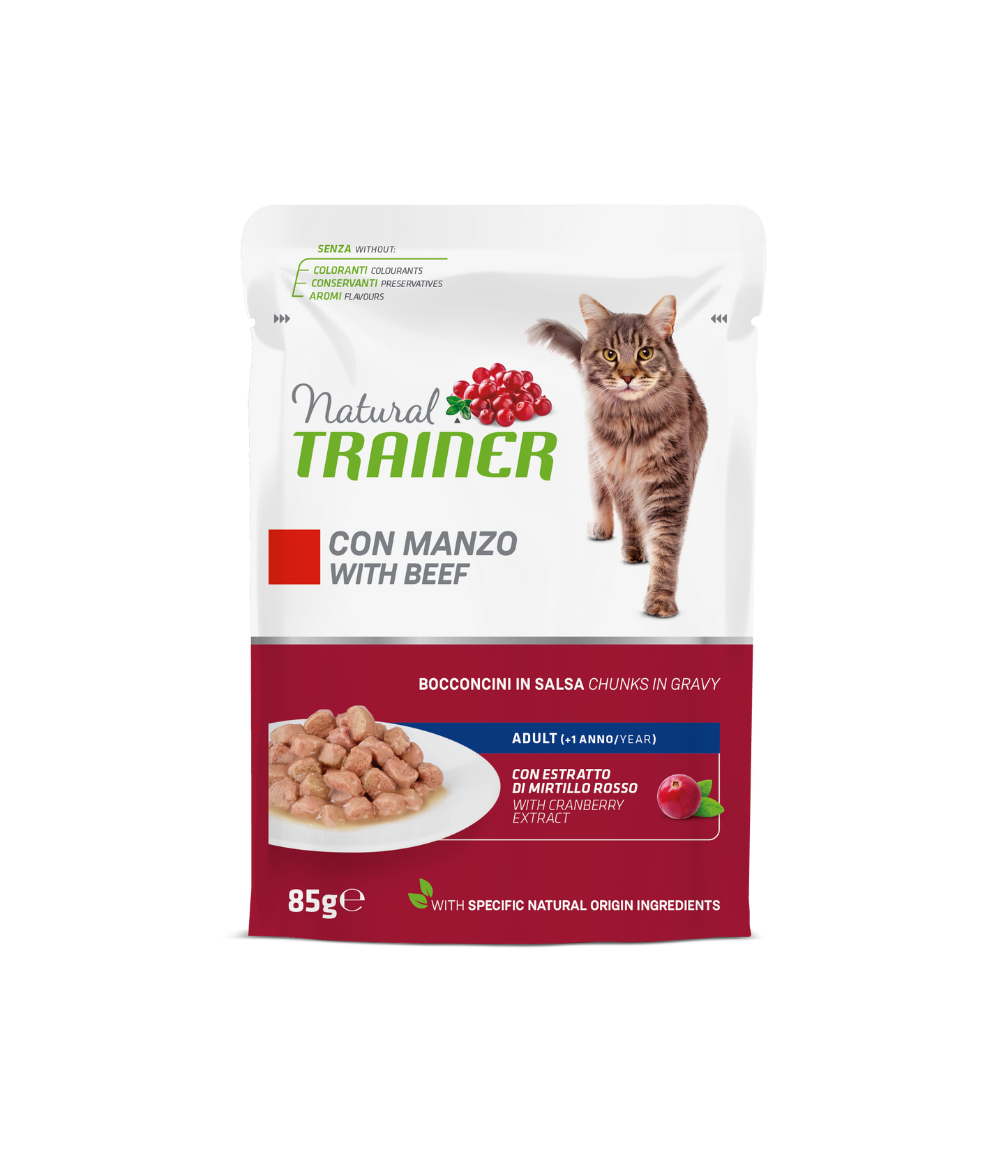 Natural Trainer Gatto Bocconcini in salsa gusto Manzo (Kg/Size : 0,85) Formato convenienza 12 bustine