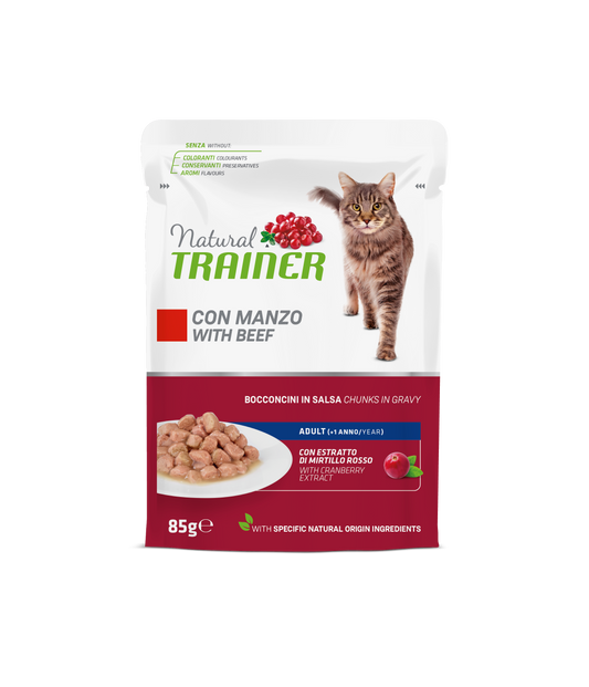 Natural Trainer Gatto Bocconcini in salsa gusto Manzo (Kg/Size : 0,85) Formato convenienza 12 bustine
