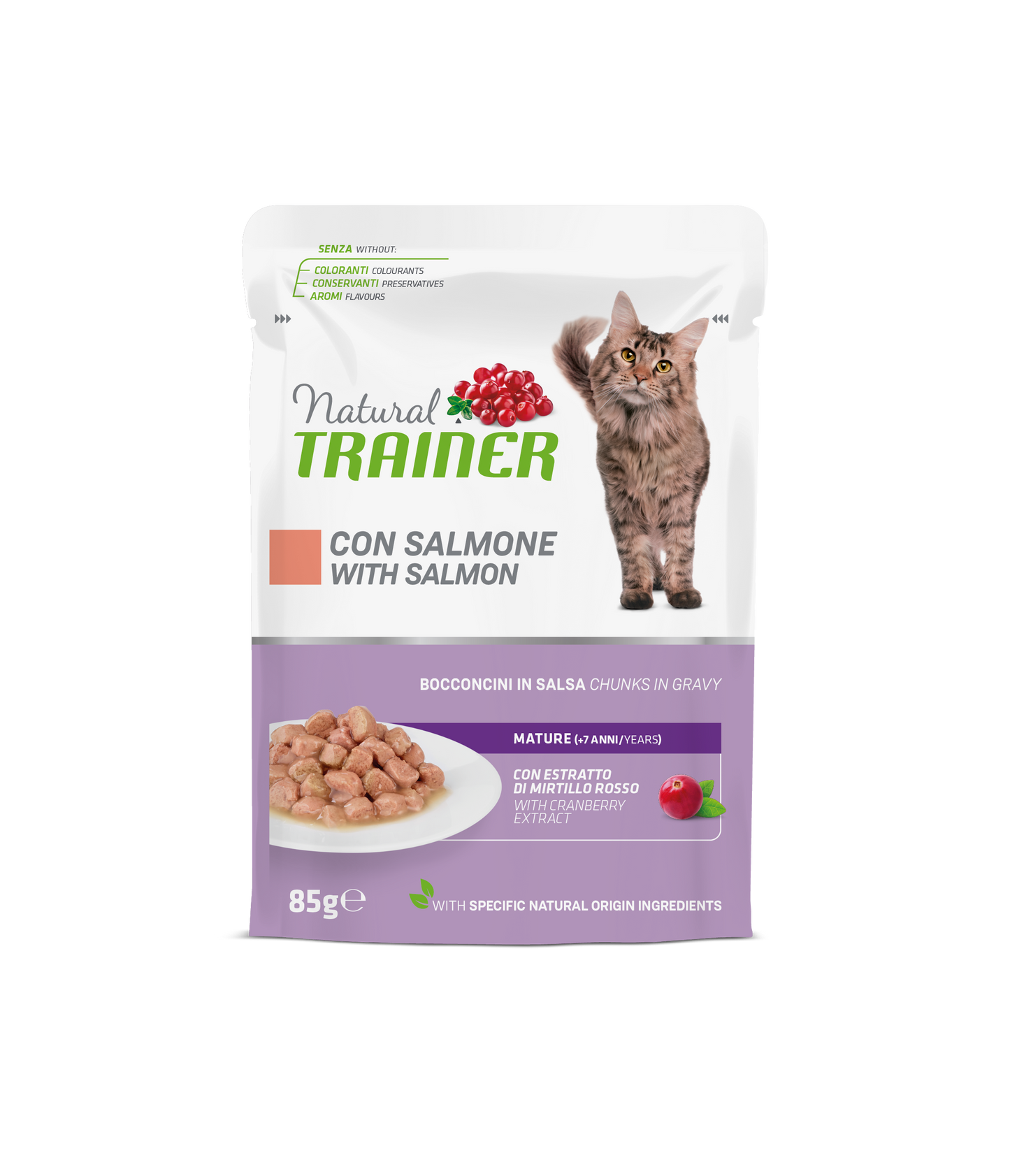 Natural Trainer Gatto Bocconcini in salsa Mature gusto Salmone (Kg/Size : 0,85) Formato convenienza 12 bustine