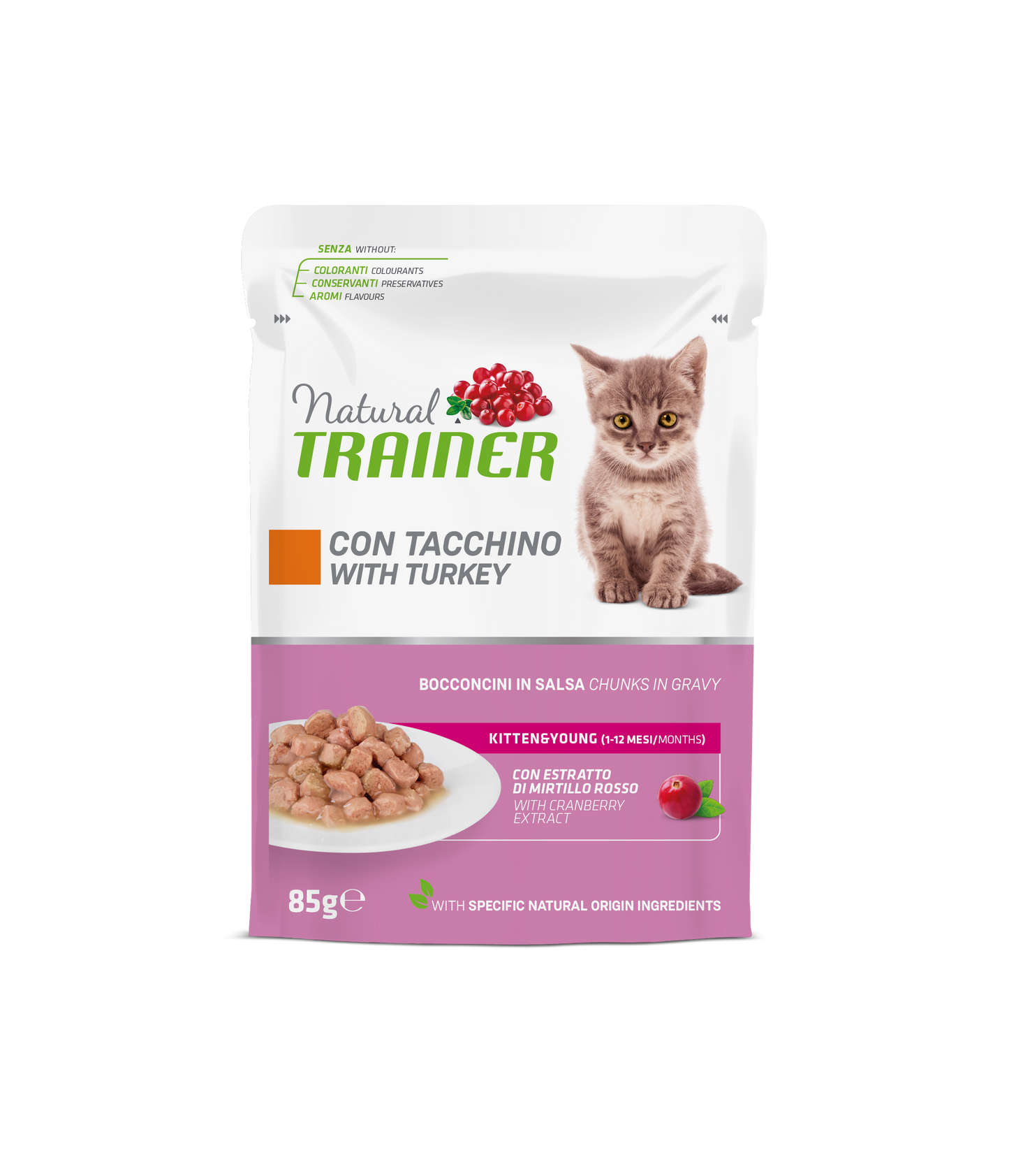 Natural Trainer Gatto Bocconcini in salsa Kitten & Young gusto Tacchino (Kg/Size : 0,85) Formato convenienza 12 bustine