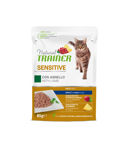 Natural Trainer Gatto Bocconcini in salsa Sensitive gusto Agnello Busta (kg./size : 0,85). Formato convenienza 12 bustine