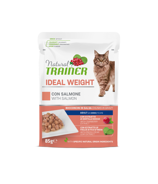 Natural Trainer Gatto Bocconcini in salsa Ideal Weight gusto Salmone (Kg/Size : 0,85) Formato convenienza 12 bustine