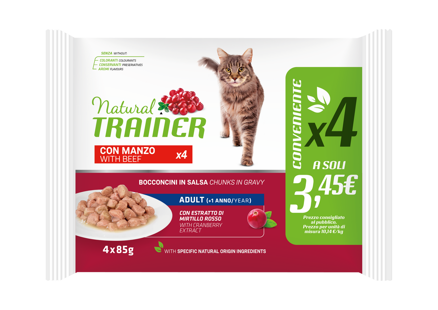 Trainer Natural Gatto gusto Manzo  Flowpack  (Kg/Size:0,085) X4 FORMATO CONVENIENZA