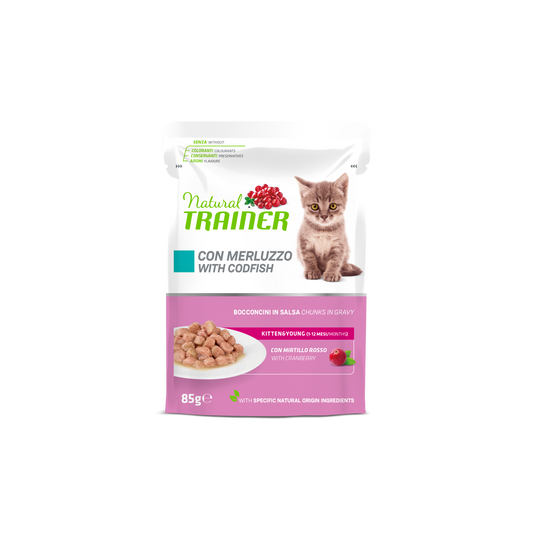 Natural Trainer Gatto Bocconcini in salsa Kitten & Young gusto Merluzzo  (Kg/Size : 0,85) Formato convenienza 12 bustine